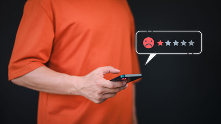 Customer use a phone give angry emotion face on virtual screen for feedback review satisfaction...