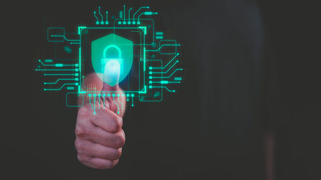 User hand interacts with a digital lock icon, symbolizing cyber security and data protection....