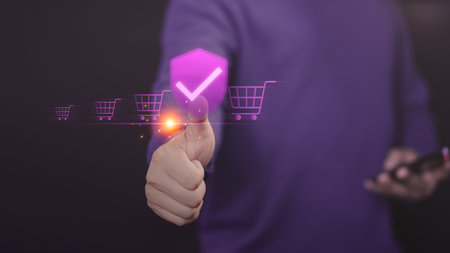 Customer giving a thumbs-up with a glowing checkmark shield and shopping cart icons, symbolizing...