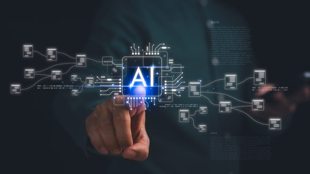 Businessman touching digital AI icon with data flow connections, symbolizing artificial...