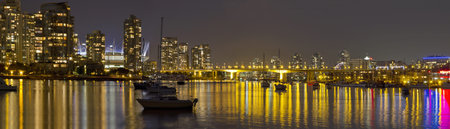 Vancouver BC Skyline and Cambie Bridge at Night Panoramaの写真素材