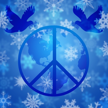 Christmas Peace Dove and Earth Globe with Snowflakes Illustrationの写真素材