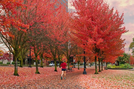 Female Jogger in Portland Oregon Downtown Waterfront Park in the Fallの写真素材