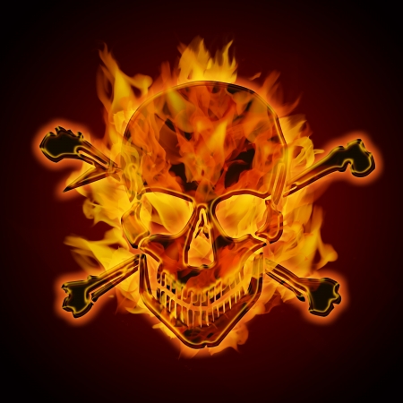 Fire Burning Flaming Metal Skull with Crossbones on Dark Background Illustrationの写真素材