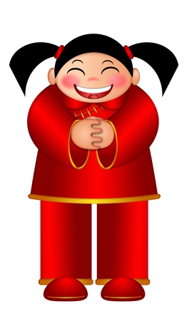 Chinese Girl Wishing Happy Lunar New Year Illustration Isolated on White Backgroundの写真素材