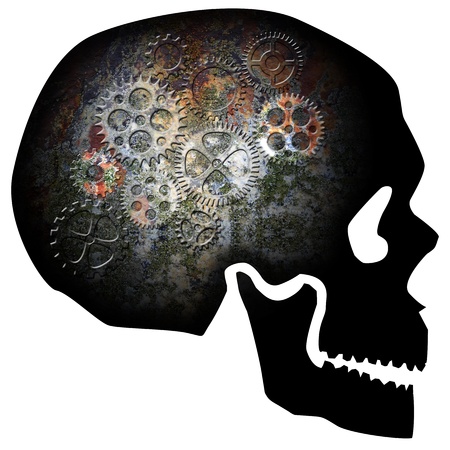 Skull Silhouette with Rusty Gears Texture Isolated on White Background Illustrationの写真素材