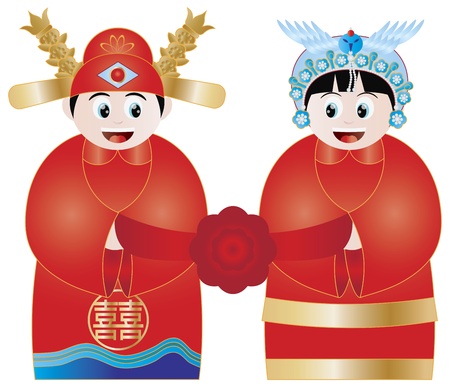 Chinese Wedding Couple in Traditional Royal Costumes with Double Happiness Text Illustrationのイラスト素材