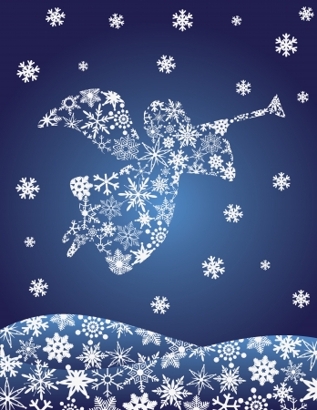 Christmas Angel with Trumpet Silhouette with Snowflakes Illustrationのイラスト素材