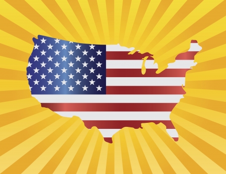USA Flag in Map Silhouette with Sun Rays Background Illustrationのイラスト素材