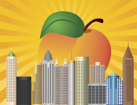 Atlanta Georgia City Skyline  with Sun Rays and Peach Fruit in Background Illustrationのイラスト素材
