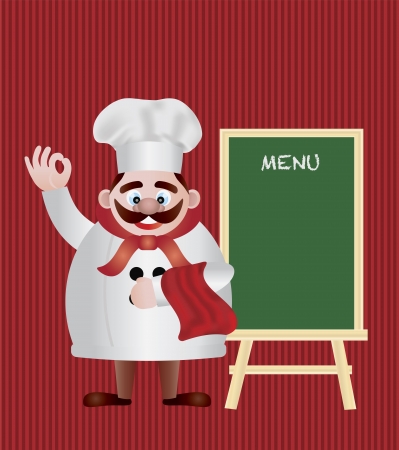 Chef with Menu Sign Chalkboard on Red Stripes Background Illustrationのイラスト素材