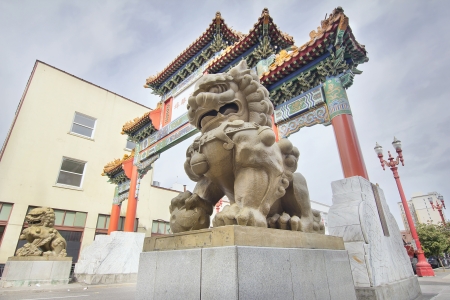 Chinese Foo Dogs Prosperity Statues at Portland Oregon Chinatown Gate Entranceの写真素材