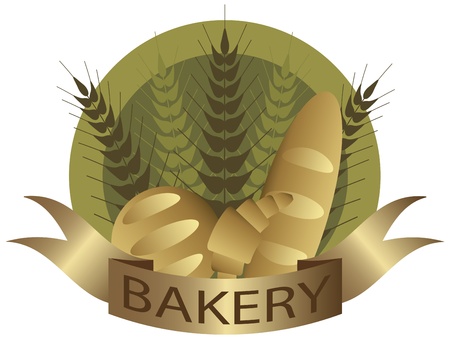 Bakery with Wheat Stalks French Bread Loaf and Croissant Pastry Label Illustrationのイラスト素材