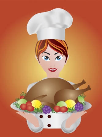 Woman Chef Holding Baked Roast Turkey Dinner Platter Illustrationのイラスト素材