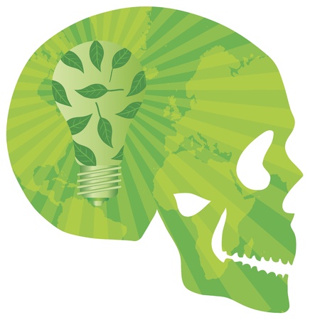 Think Green Skull with Lightbulb Green Leaves and World Map in Silhouette Illustrationのイラスト素材