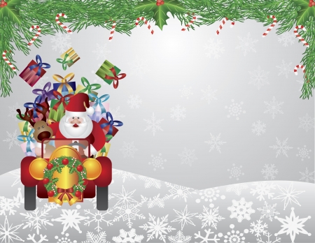 Santa Reindeer Driving Vintage Car with Christmas Wreath and Garland with Candy Cane on Snowflakes Background Illustrationのイラスト素材