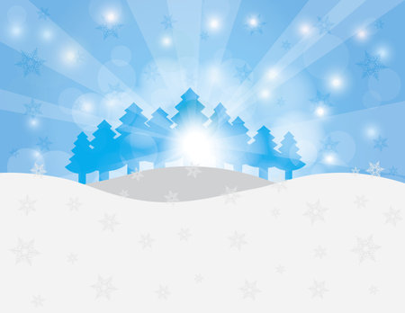 Christmas Trees in Winter Scene with Snowflakes and Sun Rays Background Illustrationのイラスト素材