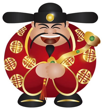 Happy Chinese Lunar New Year Prosperity Money God with Ruyi Scepter Illustration Isolated on White Backgroundのイラスト素材