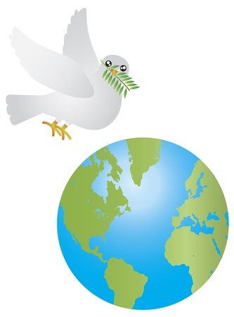 Peace Dove Carrying Olive Leaves Twig Flying Over Earth Isolated on White Background Illustrationのイラスト素材
