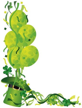 Happy St Patricks Day Leprechaun Hat Balloons with Shamrock and Confetti Border Illustrationのイラスト素材