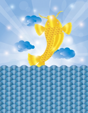 Chinese New Year Japanese Asian Gold Koi Fish Jumping Out of Water Abstract Background Illustrationのイラスト素材