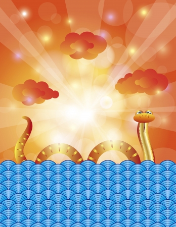 Chinese New Year of the Water Snake 2013 with Water Sky Clouds and Sun Rays Background Illustrationのイラスト素材