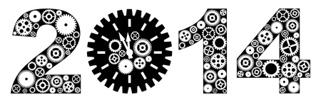 Happy New Year 2014 with Mechanical Gears and Clock Black and White Illustrationのイラスト素材