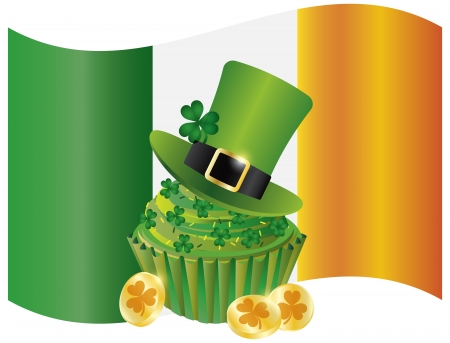 Ireland Flag with Leprechaun Hat Gold Coins Cupcake and Shamrock Isolated on White Background Illustrationのイラスト素材