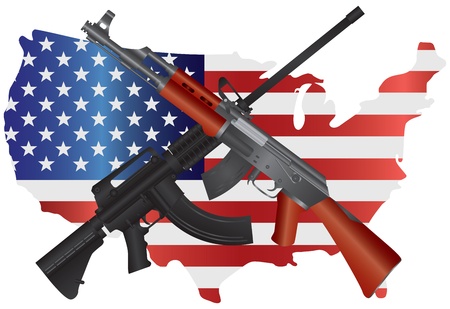 Assault Rifles AR 15 and AK 47 Semi Automatic Weapons on USA Map Flag Second Amendments Consitution Illustrationのイラスト素材
