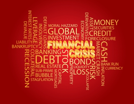 Financial Crisis 3D in Gold Word Cloud Illustration Isolated on Red Backgroundのイラスト素材