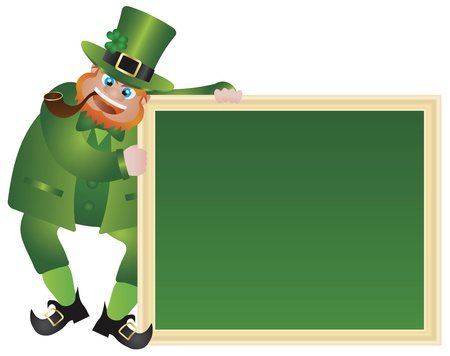 St Patricks Day Irish Leprechaun with Hat and Smoking Pipe Holding Chalkboard Sign Isolated on White Background Illustrationのイラスト素材