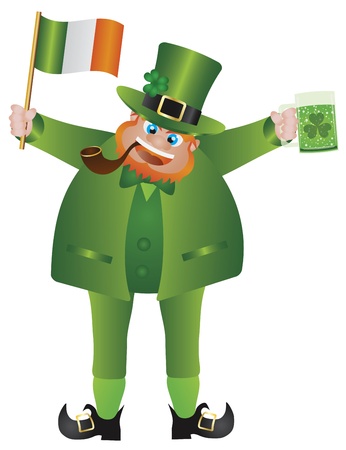 St Patricks Day Irish Leprechaun with Hat and Smoking Pipe Holding Ireland Flag and Glass of Green Beer Isolated on White Background Illustrationのイラスト素材