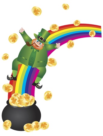 St Patricks Day Irish Leprechaun Sliding Down Rainbow onto Pot of Gold Coins Illustration Isolated on White Backgroundのイラスト素材