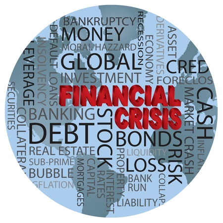 World Financial Crisis 3D in Red Word Cloud Illustration in World Globe Backgroundのイラスト素材