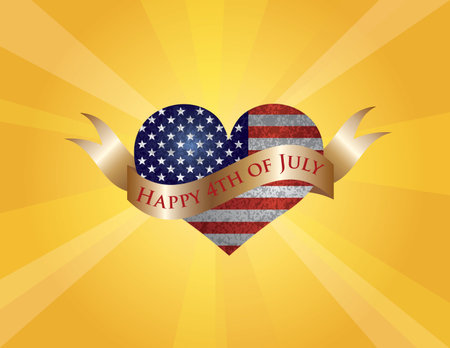 Fourth of July USA Flag in Heart Shape with Texture and Scroll with Happy 4th of July Text and Sun Rays Background Illustrationのイラスト素材