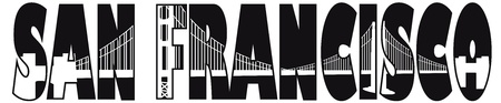 San Francisco California Golden Gate Bridge Text Outline Black and White Illustrationのイラスト素材