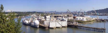Swan Island Shipyard in Oregon Along Willamette River with Mt Hood Panoramaの写真素材