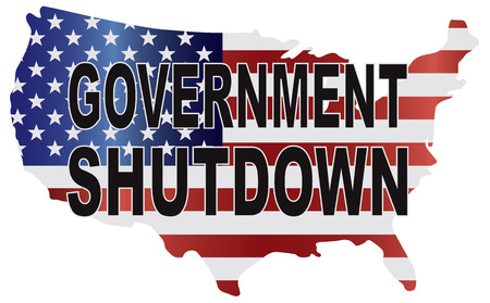 Government Shutdown Text Outline with American USA Flag in Country Map Silhouette Illustrationのイラスト素材