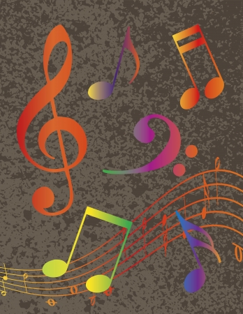 Rainbow Colors Musical Notes with Treble Clef on Grunge Textured Background Illustrationのイラスト素材
