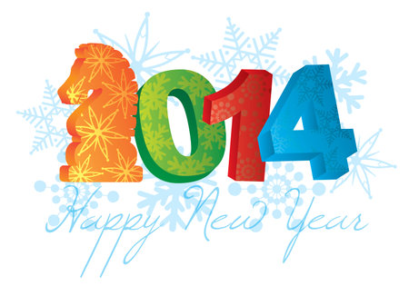 2014 Happy Chinese New Year of the Horse Text and 3D Numbers with Snowflakes Pattern Isolated on White Illustrationのイラスト素材