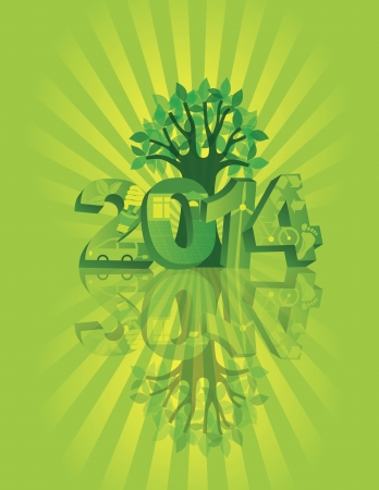 2014 New Year Numerals Go Green Symbols with Tree Isolated on Sunray with Reflection Background Illustrationのイラスト素材