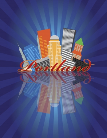 Portland Oregon Abstract Downtown City Skyline with Blue Sunray Background and Reflection Illustrationのイラスト素材