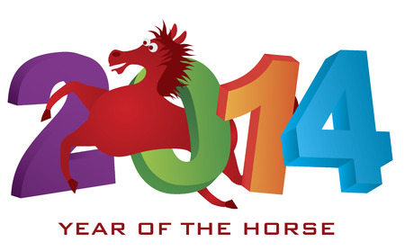 2014 Abstract Red Chinese New Year of the Horse Leaping Over Colorful Numerals Isolated on White Illustrationのイラスト素材