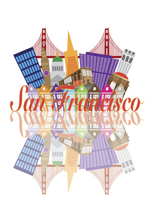 San Francisco California Abstract Downtown City Skyline with Golden Gate Bridge and Cable Car and Reflection Isolated on White Illustrationのイラスト素材