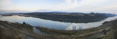 Columbia River Gorge between Washington and Oregon in the Morning during Winter Panoramaの写真素材