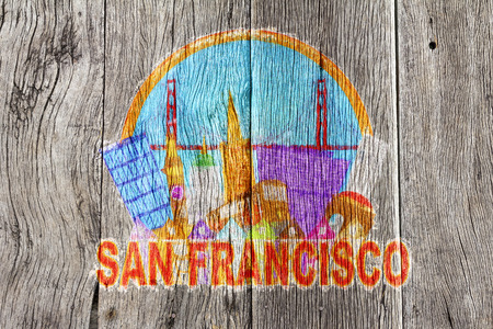 San Francisco Cailfornia Abstract Downtown City Skyline with Golden Gate Bridge and Cable Car Isolated on White Background Impressionist Wood Background Illustrationの写真素材