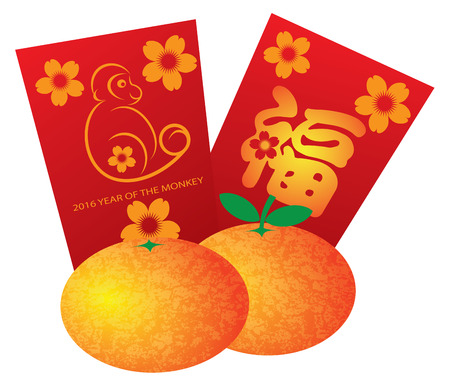 2016 Chinese Lunar New Year of the Monkey Red Packets and Mandarin Oranges Isolated on White Background Illustrationのイラスト素材