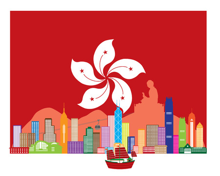 Hong Kong City Skyline and Big Buddha Statue Panorama in Hong Kong Flag Background Color Illustrationのイラスト素材