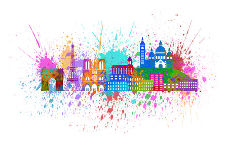 Paris France City Skyline Outline Silhouette Color with Abstract Paint Splatter Isolated on White Background Panorama Illustrationの写真素材