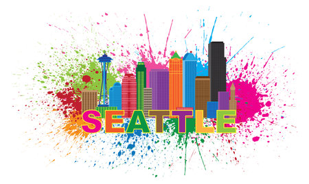 Seattle Washington Downtown City Skyline Color Text Paint Splatter Abstract Isolated on White Background Illustrationのイラスト素材